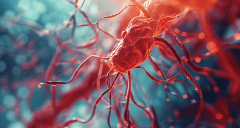 Macro shot of a single red blood cell, showing intricate structure.