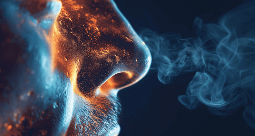 A close-up of a man's face partially hidden by dense smoke, evoking a sense of intrigue and enigma.